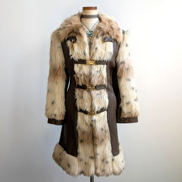 Vintage Cheetah Faux Fur Afghan Coat Leather Penny Lane Shaggy Trench Jacket - Picture 1 of 14